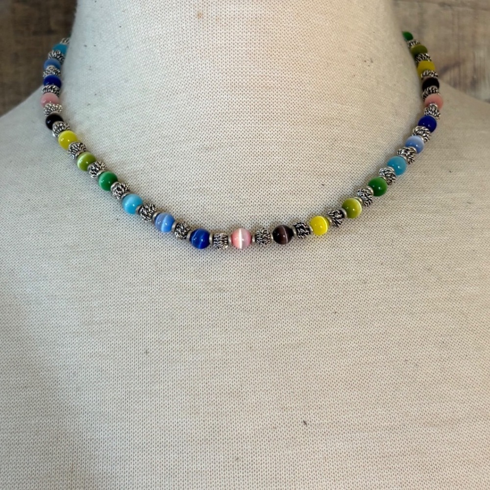 Multicolor Cats Eye Bead Necklace Silver Tone Filigree Spacers Adjustable 18in